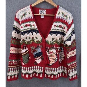 Heirloom Collectibles Vintage Christmas Chunky Cardigan Sweater Large Bows Bells